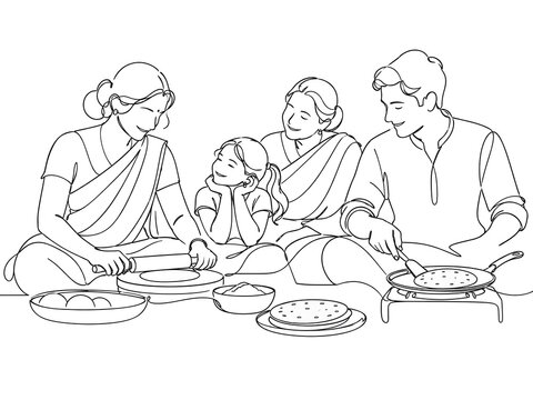 Indian Family Making Chapati Together at Home One Line Drawing