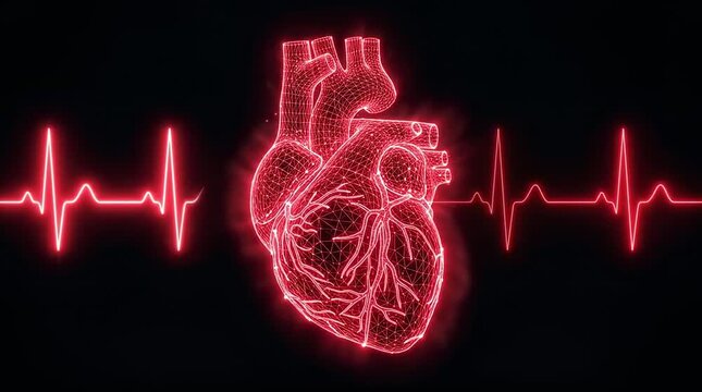 Pulsing red human heart wireframe with EKG waveform
