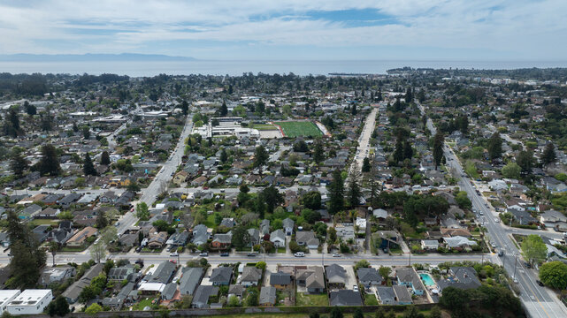 Cloudy aerial view of the Banana Belt Neighborhood of Santa Cruz, California, USA.