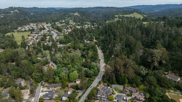 Cloudy aerial view of the Carbonera Neighborhood of Santa Cruz, California, USA.
