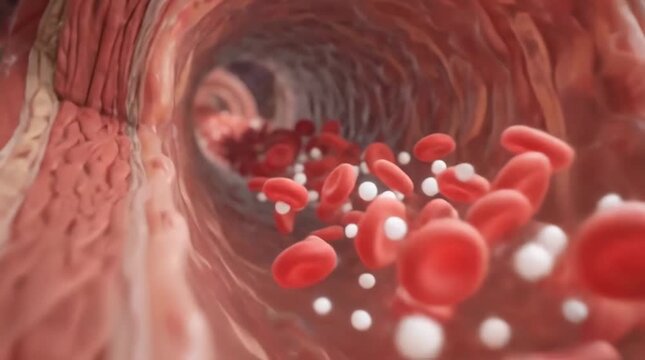 Red and white blood cells flowing through an artery