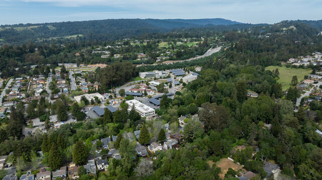Cloudy aerial view of the Carbonera Neighborhood of Santa Cruz, California, USA.