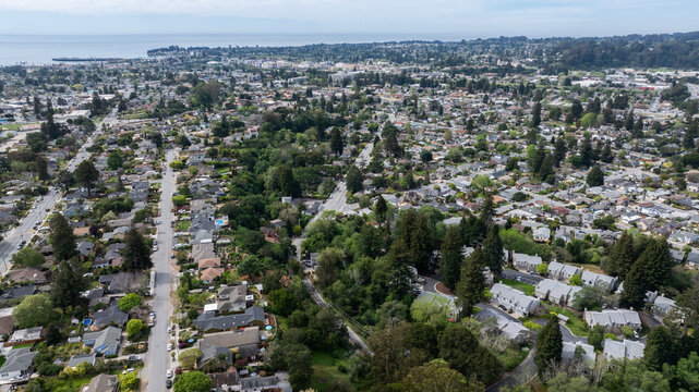 Cloudy aerial view of the Banana Belt Neighborhood of Santa Cruz, California, USA.