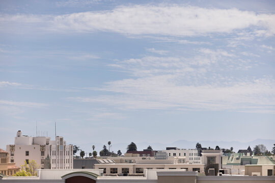 Afternoon sun shines on the heart of historic downtown Santa Cruz, California, USA.