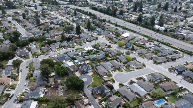 Cloudy aerial view of the Carbonera Neighborhood of Santa Cruz, California, USA.
