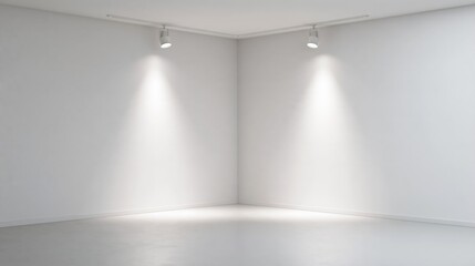 Obraz premium Empty white corner room with two ceiling-mounted spotlights casting bright beams of light onto blank walls and a smooth floor