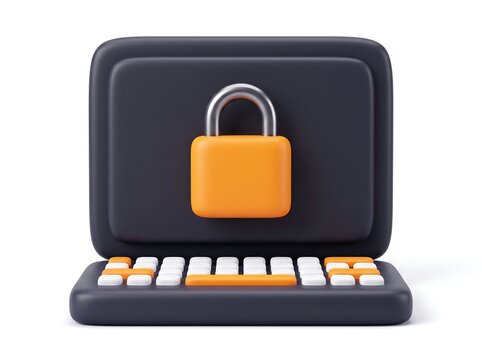 3D laptop computer icon with a yellow closed padlock representing data security and cyber protection
