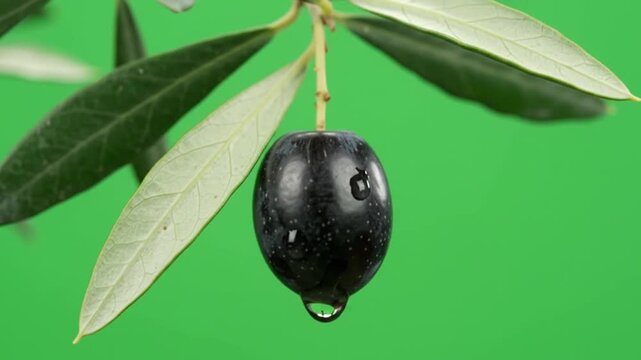 Fresh organic black olive hanging on a tree branch with green leaves and water drops representing Mediterranean agriculture and culinary ingredients for healthy food recipes harvested in a