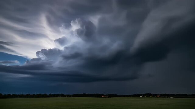 Dramatic supercell thunderstorm with powerful lightning strikes illuminating dark heavy rain clouds over rural field 4K Generative AI