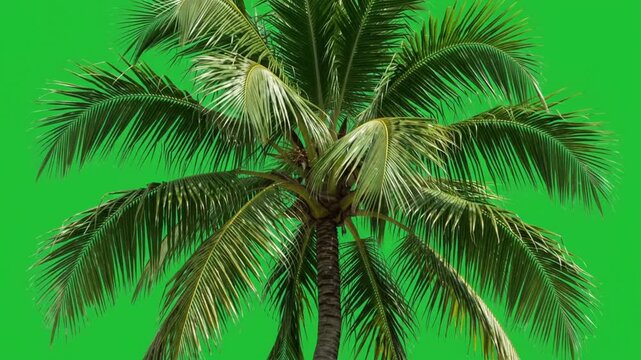 Large exotic coconut palm tree with lush green fronds swaying in the gentle breeze against a vibrant chroma screen for easy digital editing and seamless integration into various travel project