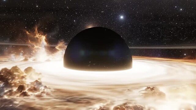 Supermassive black hole with glowing accretion disk and radiant cosmic dust in deep space horizon