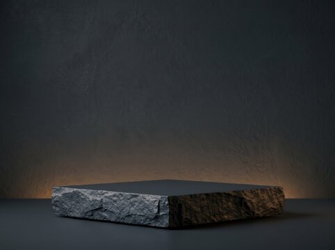 Minimalist dark stone podium mockup on black background with warm rim backlight for luxury product display