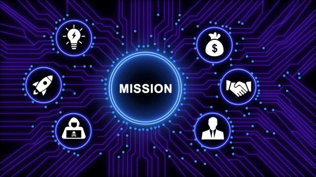 Corporate mission statement concept with digital circuit board background, featuring glowing for, business strategy, innovation, financial growth, networking, and cybersecurity protection
