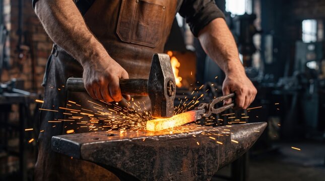 Blacksmith wearing a brown leather apron hammering a glowing hot metal bar on a heavy iron anvil in a dark workshop with flying orange sparks