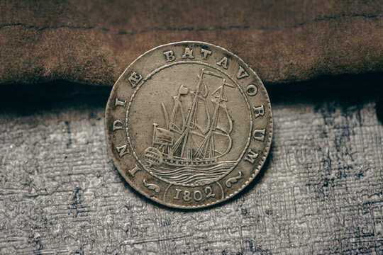 Antique 1802 Batavorum One Gulden Silver Coin with Sailing Ship