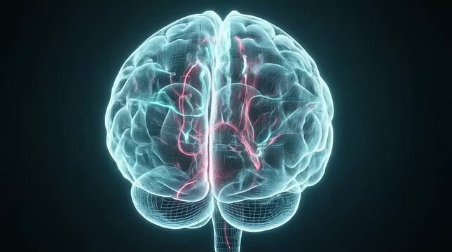 Human brain rotating with glowing neural pathways