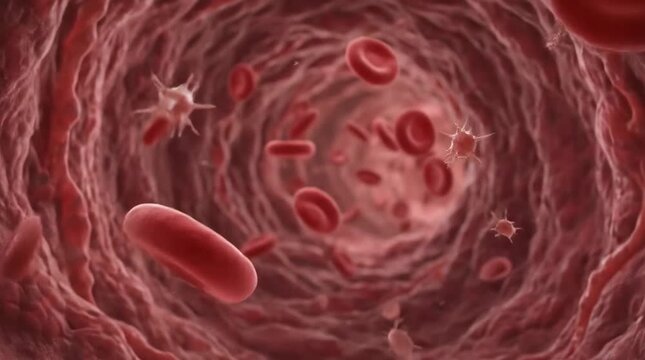 Microscopic view of red blood cells flowing through artery