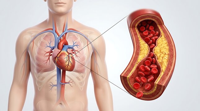 Human heart and artery with atherosclerosis buildup