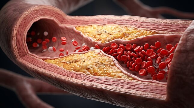 Blood vessel with plaque and red blood cells
