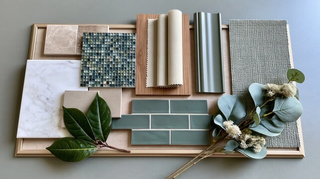 Interior mood board featuring sage green tiles, white marble, natural wood, fabric swatches, and eucalyptus leaves decoration