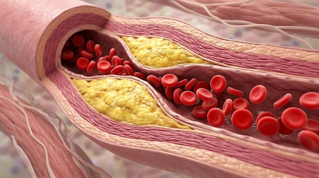 Clogged artery with cholesterol buildup and blood cells