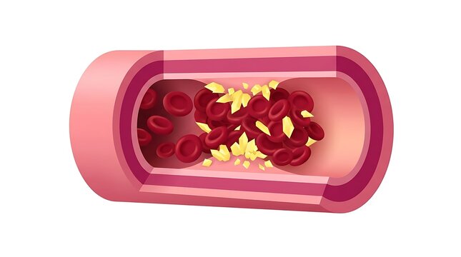 Clogged blood vessel with red blood cells and cholesterol