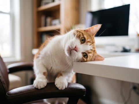 Ginger and white cat resting its head on the edge of a white desk while standing on a brown leather office chair in a home office setting with a computer monitor and wooden bookshelf in the background