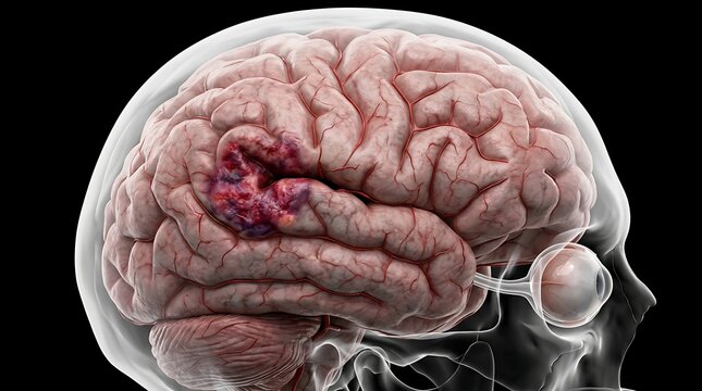 Human brain anatomical model showing brain lesion