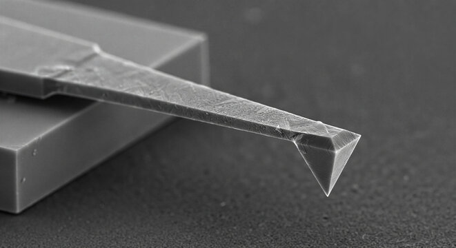 Scanning electron microscope style macro photography of silicon atomic force microscope cantilever tapering down to ultra-sharp pyramidal probing tip on neutral grey background