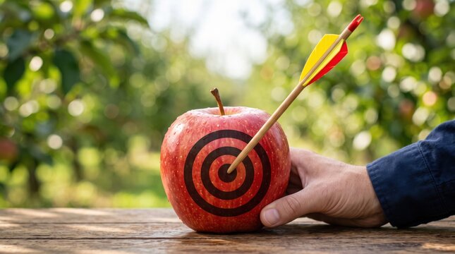 Hand holding a red apple with a black target symbol pierced by an archery arrow on a wooden table in an orchard setting