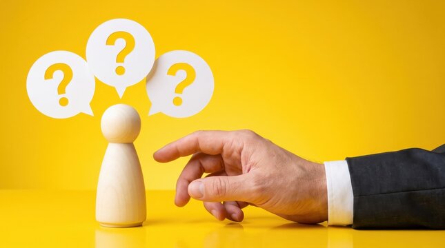 Hand in suit sleeve reaching toward a wooden peg doll figure with three white speech bubbles containing orange question marks against a solid yellow background