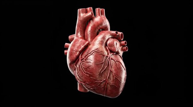 Anatomical human heart beating on black background