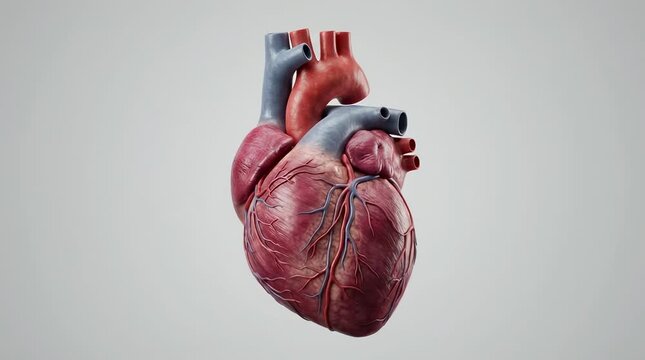 Anatomical human heart model on grey background