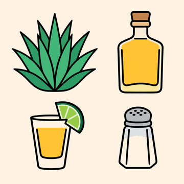 Mexico vector icon set with agave plant, tequila bottle, shot glass with lime and salt shaker. Colorful Mexican culture and travel symbols for tourism, festival and graphic design.