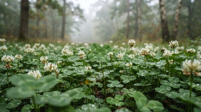 Lucky clover growing in a foggy woodland meadow among white blossoms
