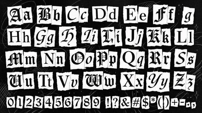 Blackletter gothic alphabet letters and numbers on torn white paper scraps against a textured black background with printed individual torn
