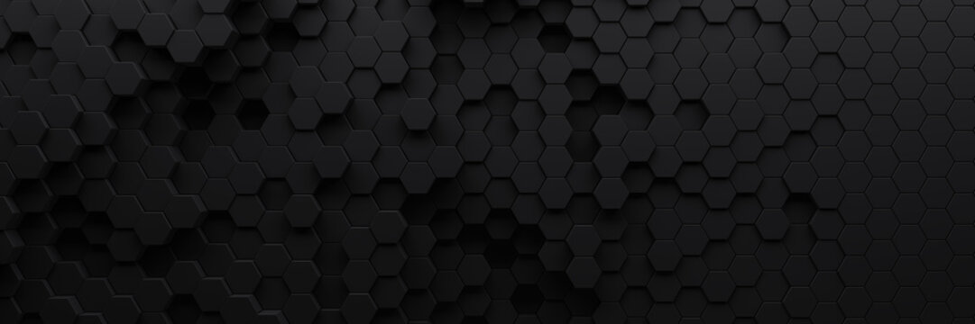 Smooth black honeycomb background of patterned hexagons. Random array of 3d rendered hex shapes creating a visual of sleek, dark, shadowy pattern for futuristic, scientific, or technical backgrounds.