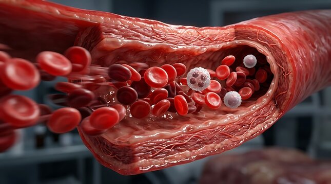 Red and white blood cells inside artery