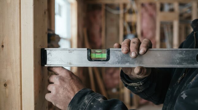 A male carpenter using a spirit level to check the alignment of wooden framing studs on a construction site