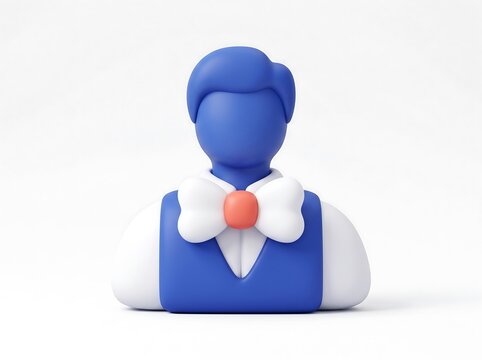 3D avatar icon of a man in a blue vest with a white shirt and bowtie professional hospitality