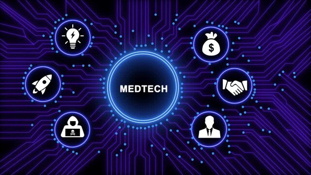 Medtech digital innovation concept featuring advanced healthcare technology solutions, cyber security protection, business growth, global networking, and future medical development on a circuit
