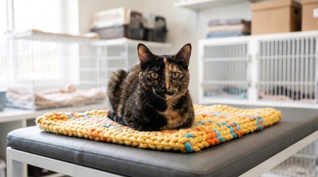 Tortoiseshell cat sitting on a chunky yellow knit mat on a grey examination table inside a veterinary clinic with white wire cages in the background