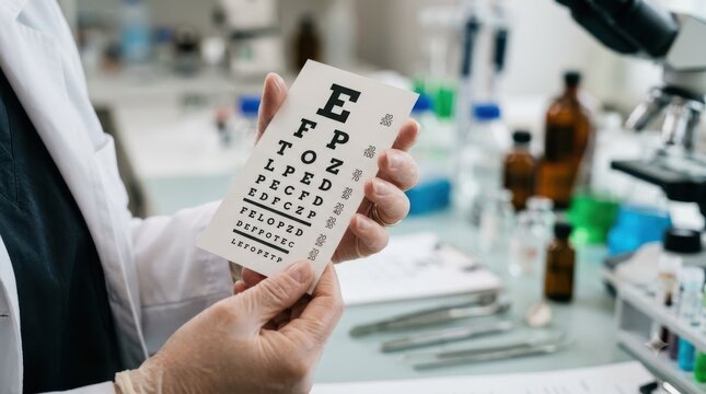 Scientist holding eye chart in laboratory representing vision testing and optometry research