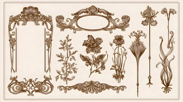 Art Nouveau Gala vector set with ornate floral frame, vintage typography, flowers, ornament, plant and decorative design elements for wedding invitation, poster, card, border or classic branding