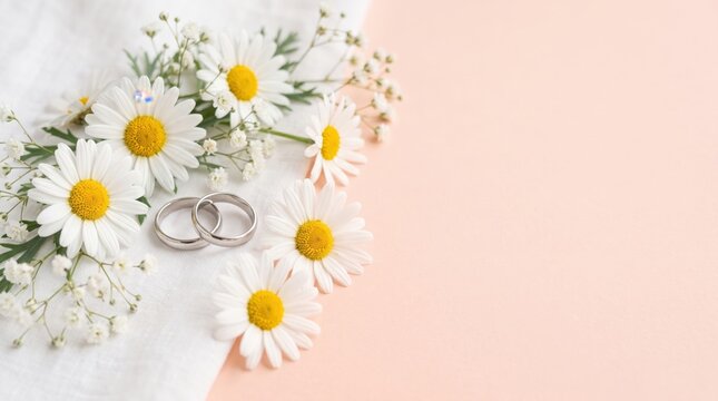 Two silver wedding rings resting on white fabric next to a cluster of white daisy flowers and small gypsophila blossoms against a soft pastel peach background