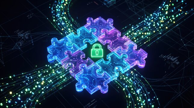 Digital cybersecurity concept featuring a glowing lock icon inside a connected puzzle structure with streaming data lines