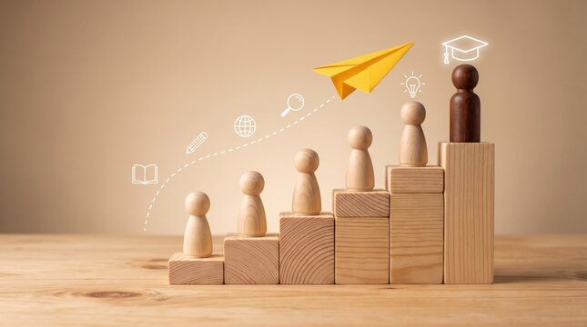 Wooden peg dolls standing on ascending blocks with a yellow paper airplane and white line representing education and career growth on a beige background