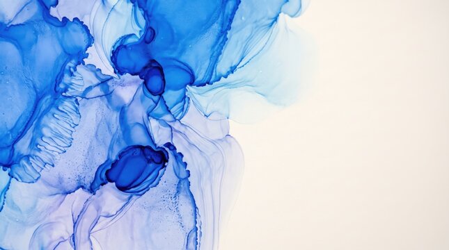 Vibrant blue ink blooming and spreading across a textured white paper surface creating fluid organic shapes with translucent layers and dark pigment edges