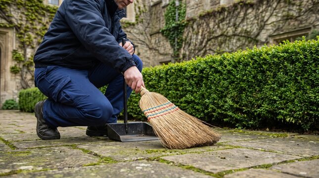 A worker sweeping stone paving with a broom, cleaning the outdoor area