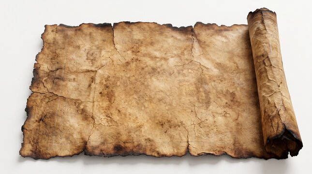 Aged brown parchment paper sheet with burned edges rolled on one side against white background with weathered vellum charred parchment old
